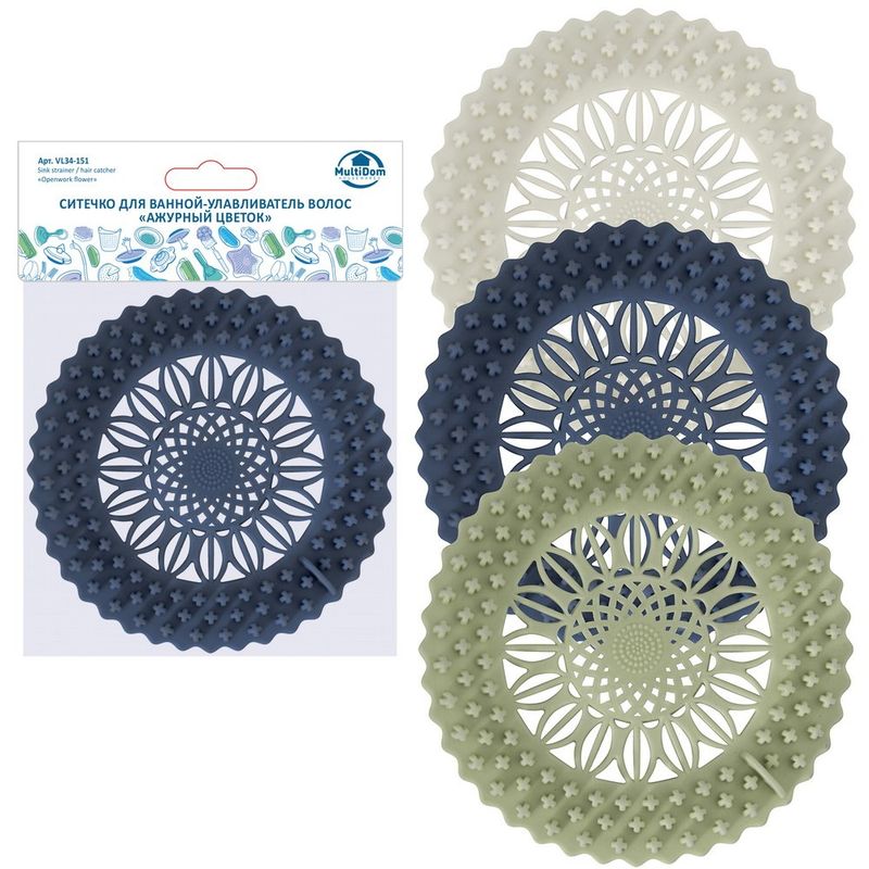 Пробка-сетка  д/ванной (улавливатель волос) VL34-151 "Ажурный цветок" Мд