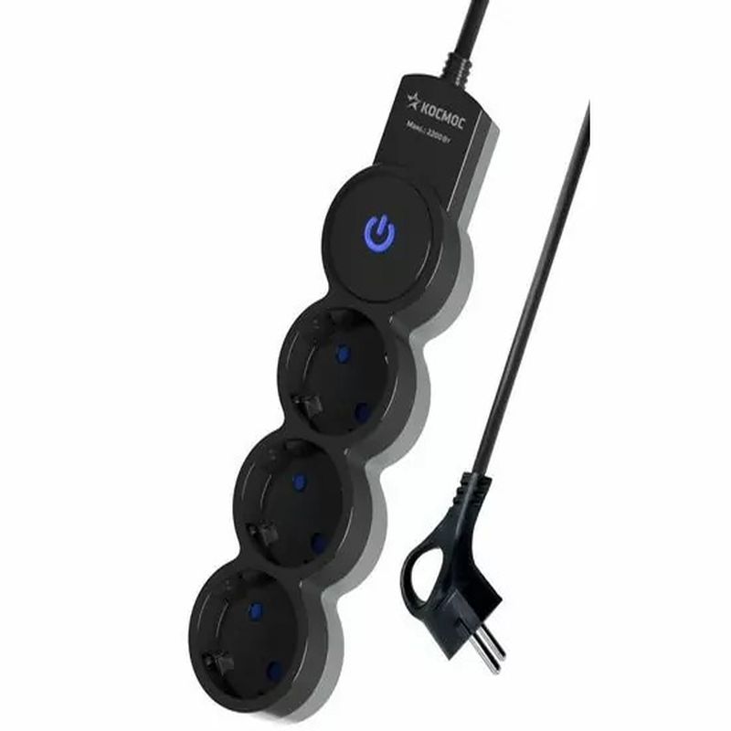 Удлинитель  1,5м. 3роз. 10А ПВС 3*1,0 с заземл. и кнопкой (черный) "Космос"