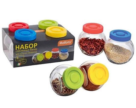 Набор банок д/сып. прод. 003606 (0,15л*4) VASO, Mallony с пл. крышками (стекло) СКР Набор банок д/сып. прод. 003606 (0,15л*4) VASO, Mallony с пл. крышками (стекло) СКР