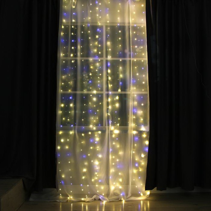 Гирлянда эл. занавес 2,8*3,0м 6074030 LED-300, 8реж. USB, (теплый/белый) на крючках д/штор