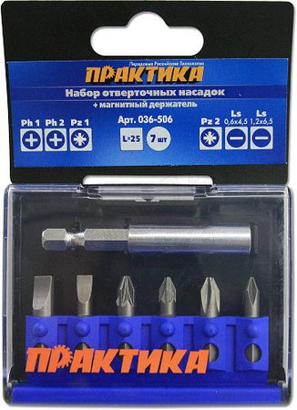 Набор бит ПРАКТИКА 036-506 "Профи" (7шт.) ,магнитный держатель, кассета