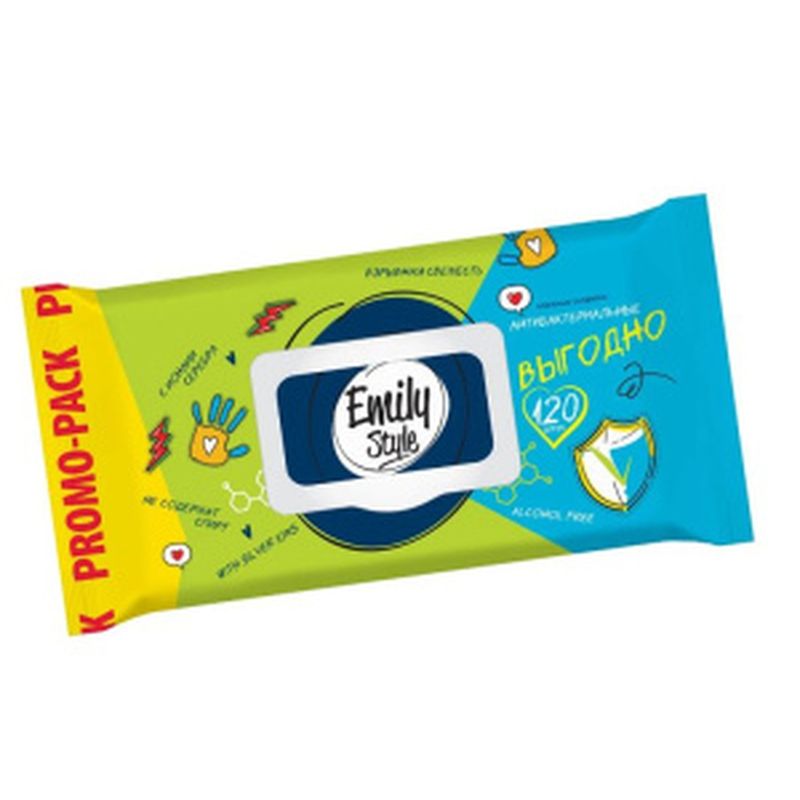 Салфетки влажные EMILY STYLE 8175/6370/8000 Антибактериальные 120шт. с крышкой (Арвитекс)