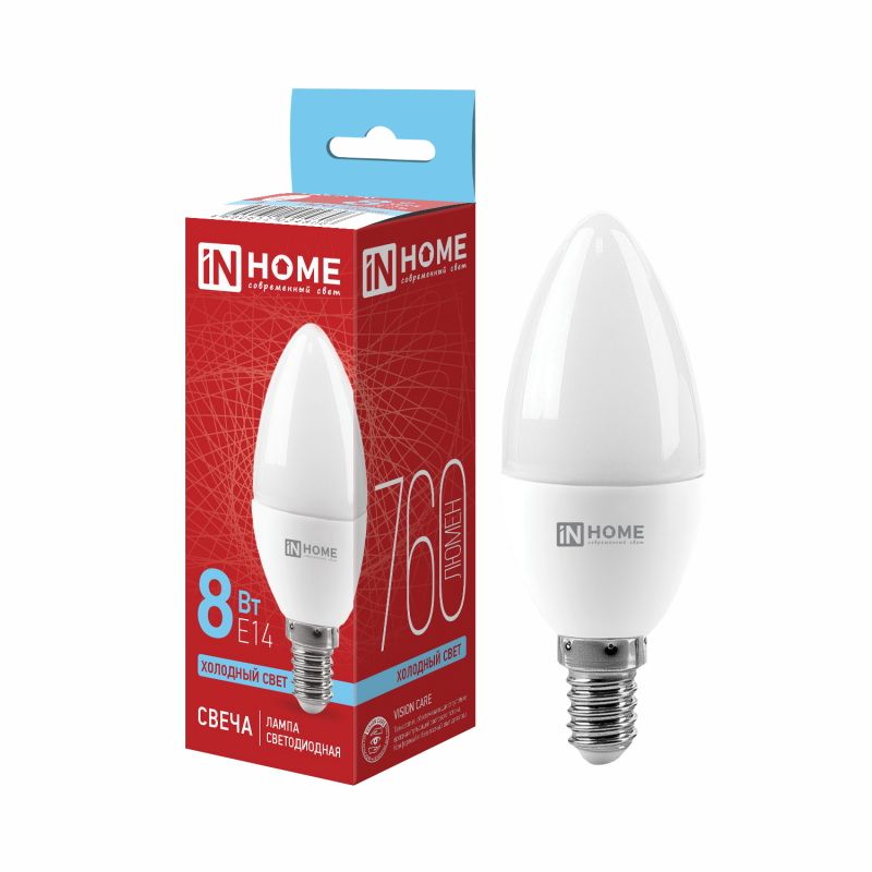 Лампа светодиодная  8,0Вт. LED СВЕЧА-VC Е14 6500К 760Лм. IN HOME