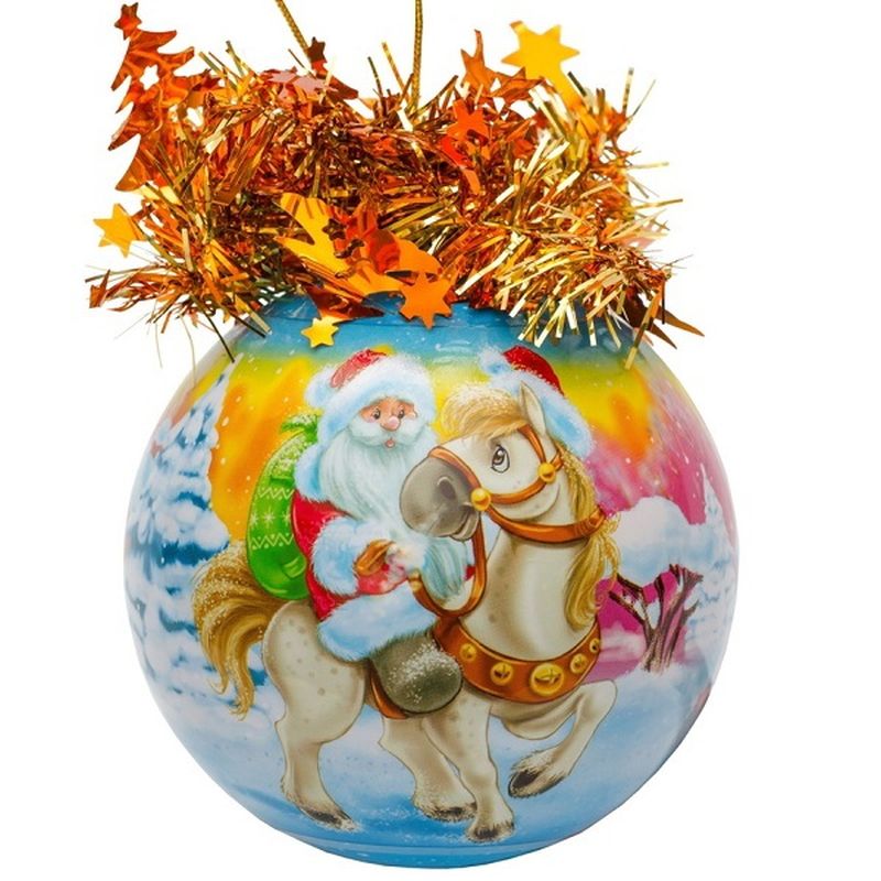 Шар "Рождественский" Ш85083 d 85мм. (Лошадка и Дед Мороз)