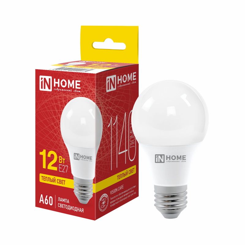 Лампа светодиодная 12Вт. LED А60-VC Е27 3000К 1140Лм. IN HOME