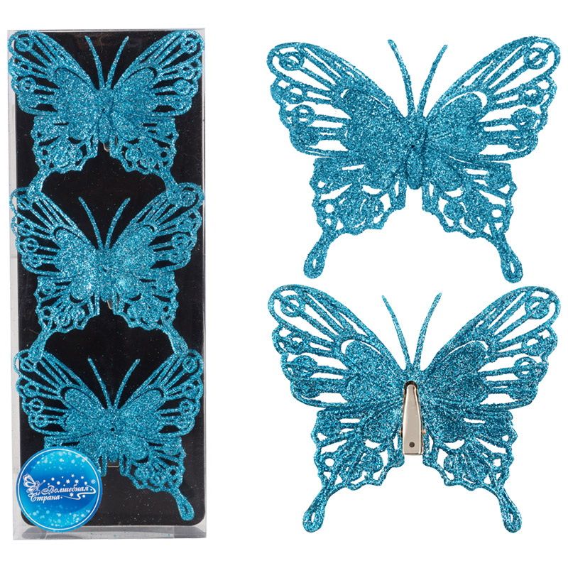 Украшение "Бабочки" 007791 (3шт.) голубой (на зажимах) Скр