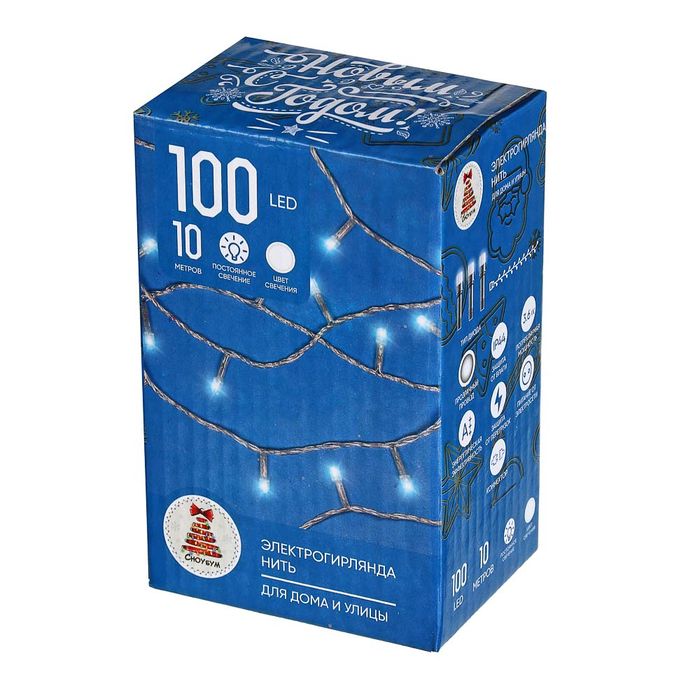 Гирлянда эл. нить 10,0м. 351-767 вьюн, 100LED, белый, пост. свеч., прозрачный провод  СНОУ БУМ