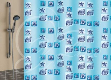 Занавес д/ван.комн. 180*180см. полиэтилен "Ракушки голубые" 6984 М.