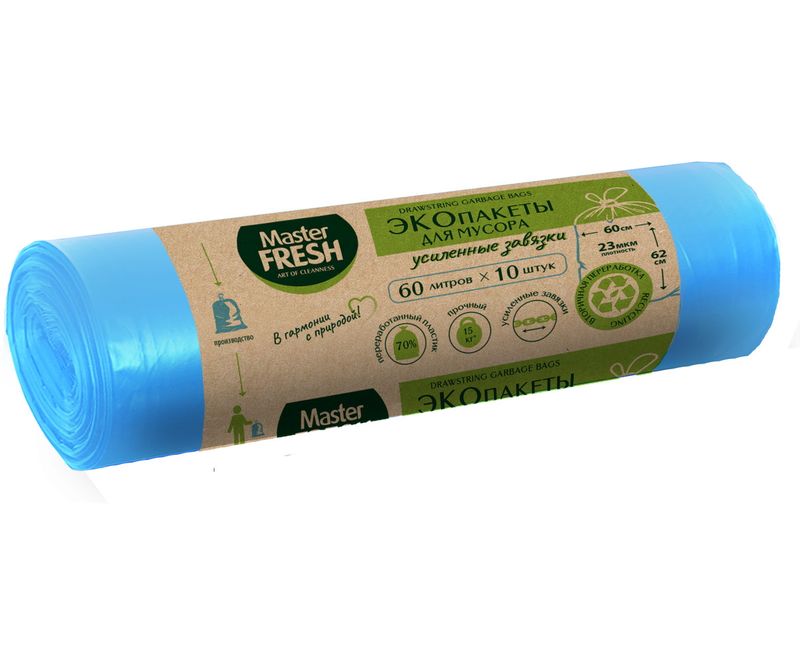 Мешки д/мусора  60л. (10шт.) "ЭКО" (голубые) с завязками 23мкм. 6855 Арвитекс