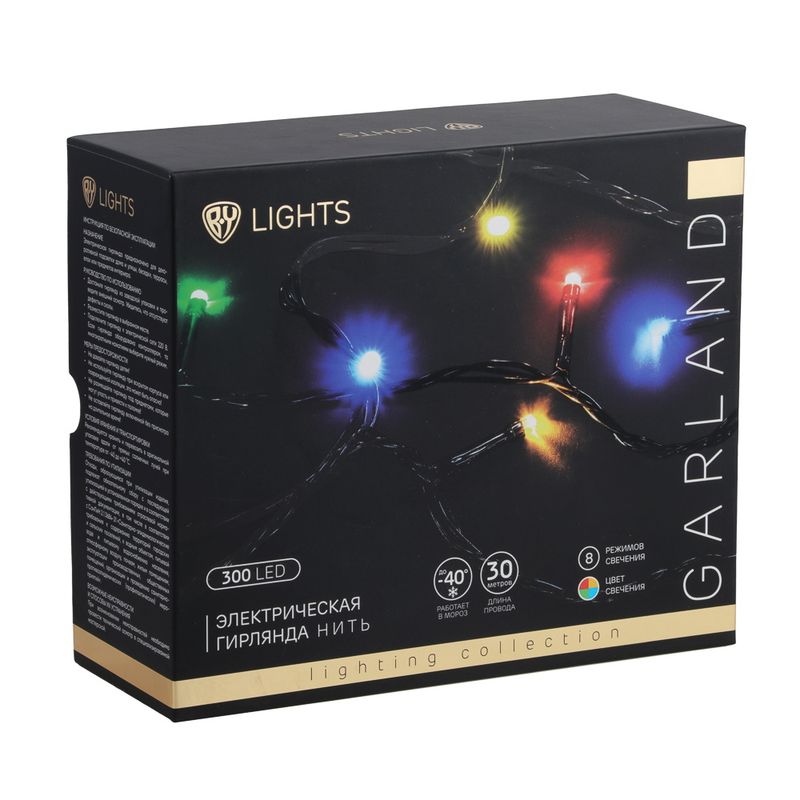 Гирлянда эл. уличная нить 30,0м. 351-778 вьюн 300LED, мульти, 8 реж.свеч.,зеленый СНОУ БУМ