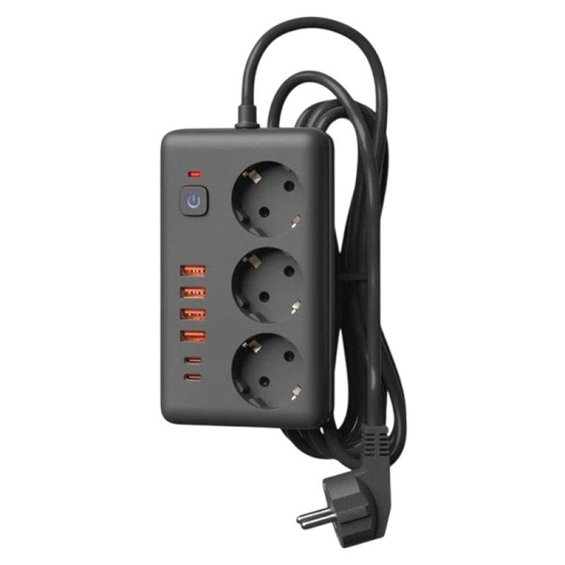 Сетевой фильтр 5м. 3роз. ПВС 3*1 выкл. (черный) 4 USB+2 USBC  "Космос"