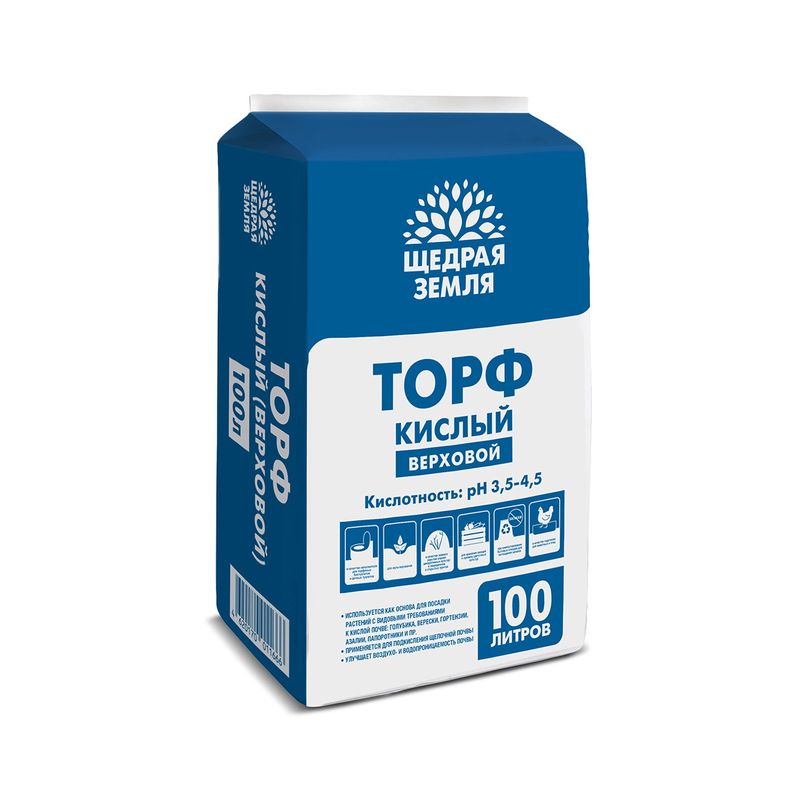 Торф ЩЕДРАЯ ЗЕМЛЯ кислый верховой 100л. (прессованный)Ф