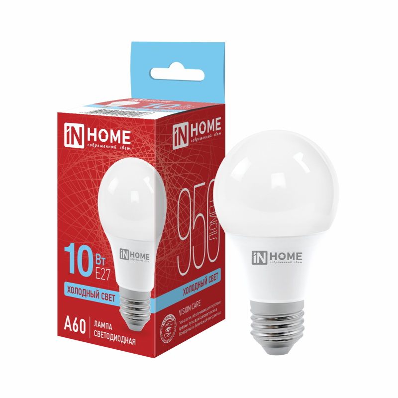 Лампа светодиодная 10Вт. LED А60-VC Е27 6500К 950Лм. IN HOME