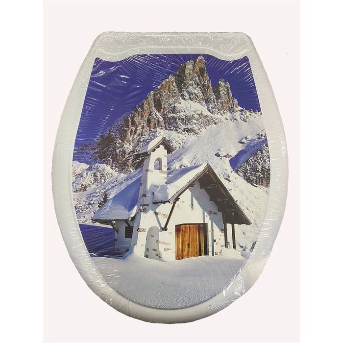 Сиденье д/унитаза "ОКЕАН" с рис. "ДОМИК В ГОРАХ" жест. Нов.