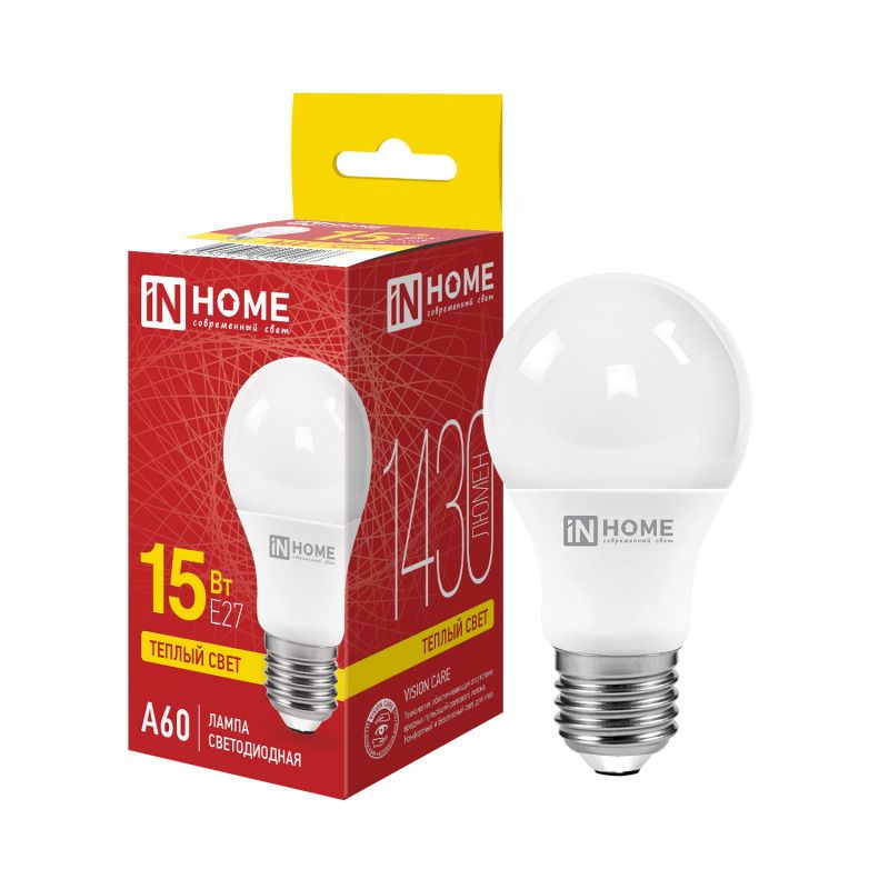 Лампа светодиодная 15Вт. LED А60-VC Е27 3000К 1430Лм. IN HOME