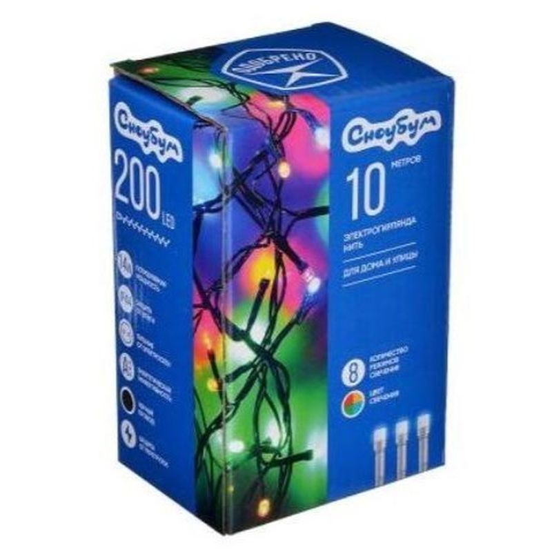 Гирлянда эл. нить 10,0м. 351-475 вьюн, 200LED, мультицвет, 8 реж.., черный. СНОУ БУМ